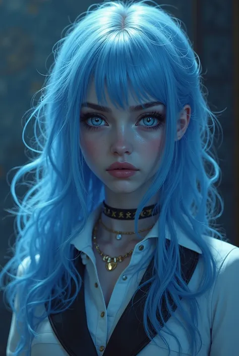 I want you to cry out of kindness a character. He's feminine and has blue features, He's not Webton style. Her hair is Chanel and blue, sky blue, the clothes are more sophisticated and she has a mysterious beauty, Generate the image.