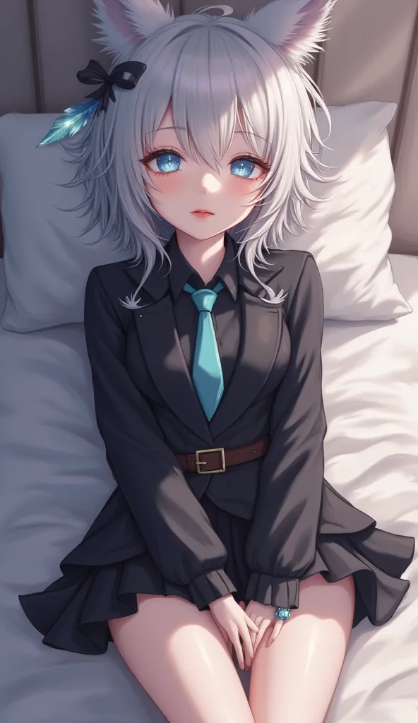 girl white messy medium cut hair , sparkly blue eyes , Wear a black tent suit , cyan necktie , black shirt in suit , black short skirt , high resolution , sleepy face , Feeling flustered , Tied up arms , Was pressed down on the bed , Crystal Feather Earpie...