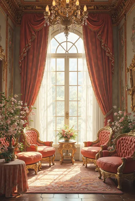 Front window showing the interior a room of a royal princess without people 