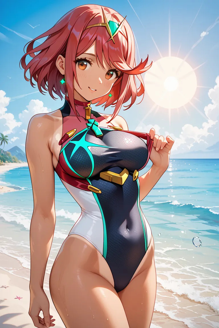 undressed , tanlines, adjusting swimsuit, swimsuit, pyra (xenoblade), 