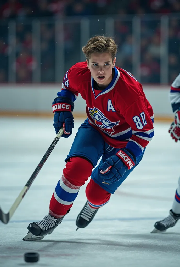 A 15 yr old hockey player in a red and blue jersey 