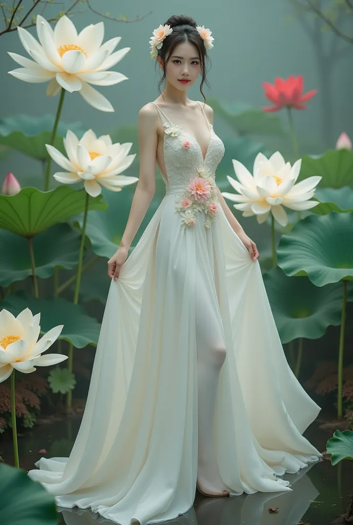 a woman in an elegant, flowing white gown adorned with floral designs. She is standing in a serene environment surrounded by large lotus flowers in various colors, including white and red, along with broad green leaves. The setting resembles a tranquil gar...