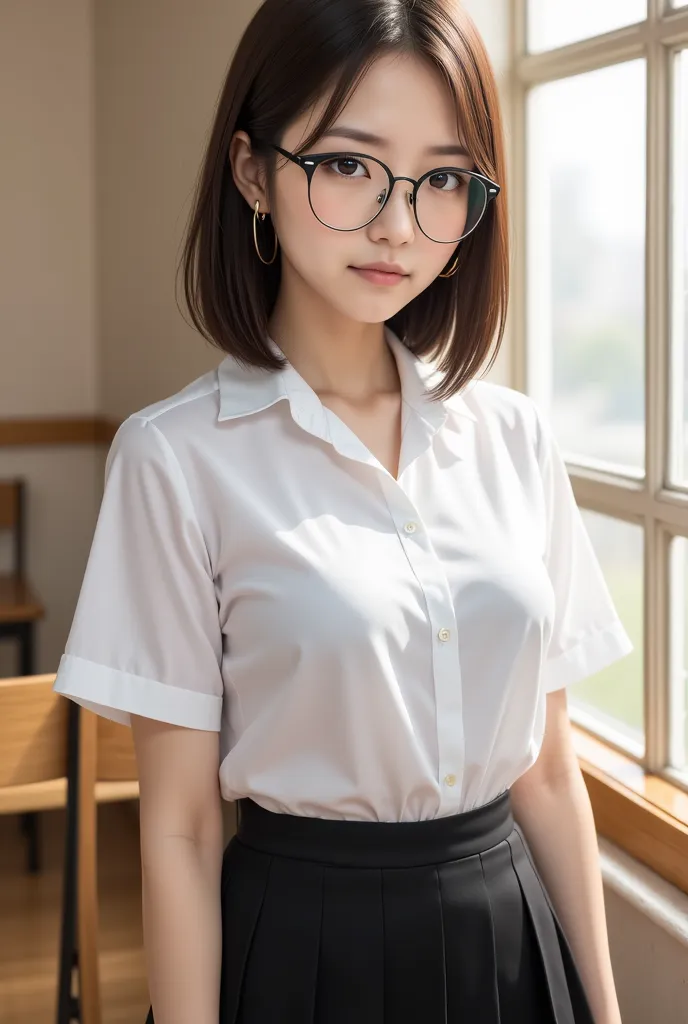 (Highest quality, 8k, 32K, masterpiece),(realistic: 1.5), Beautiful middle school girl, An active and slender girl, 164cm,  beautiful skin with glasses ,  beautiful toned chest ,  beautiful dark hair , medium short,   school uniform. white shirt,  black pl...