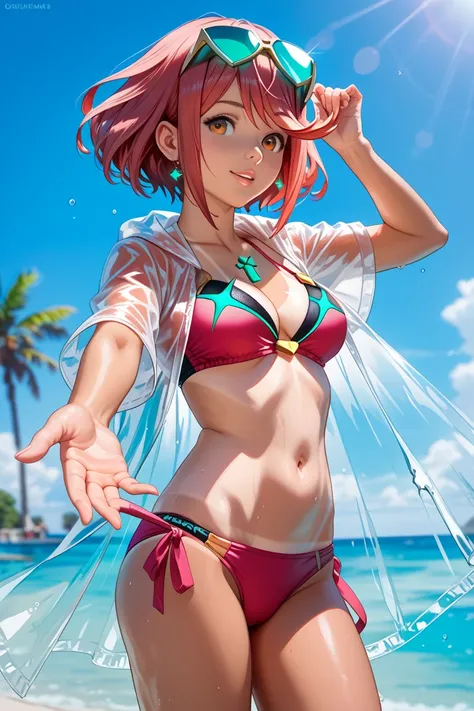 undressed pyra (xenoblade), tanlines, adjusting swimsuit, pink swimsuit, hand under swimsuit, torn swimsuit, transparent raincoat, 