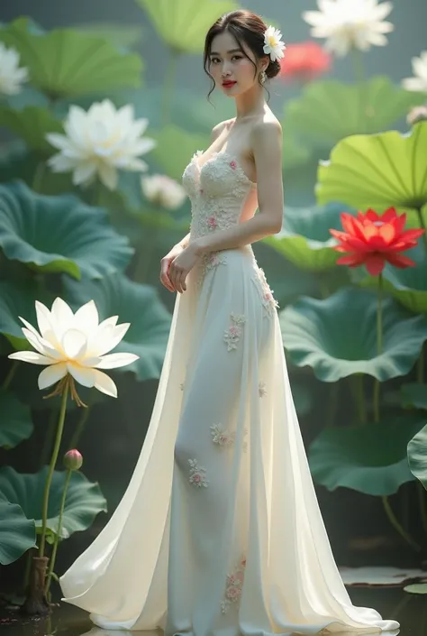 a woman in an elegant, flowing white gown adorned with floral designs. She is standing in a serene environment surrounded by large lotus flowers in various colors, including white and red, along with broad green leaves. The setting resembles a tranquil gar...