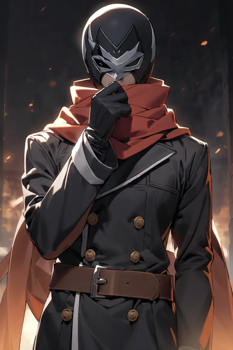 Kazuma Satou from Konosuba wearing a Vanir mask that covers the upper half of his face, leaving the area of the mouth and chin and one eye free, with a patch placed asymmetrically on one eye leaving the other exposed , wearing a long black trench coat with...