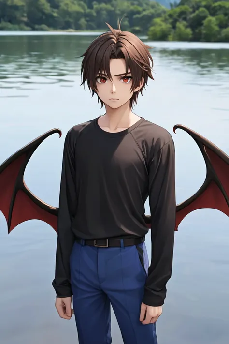 620319897 Anime Boy,  long dark brown hair falls sideways, brown eyes eyebrows, Face that donotes seriousness, Wear a black shirt guard and blue pants, It has black and red wings and demon horns it is floating on a lake