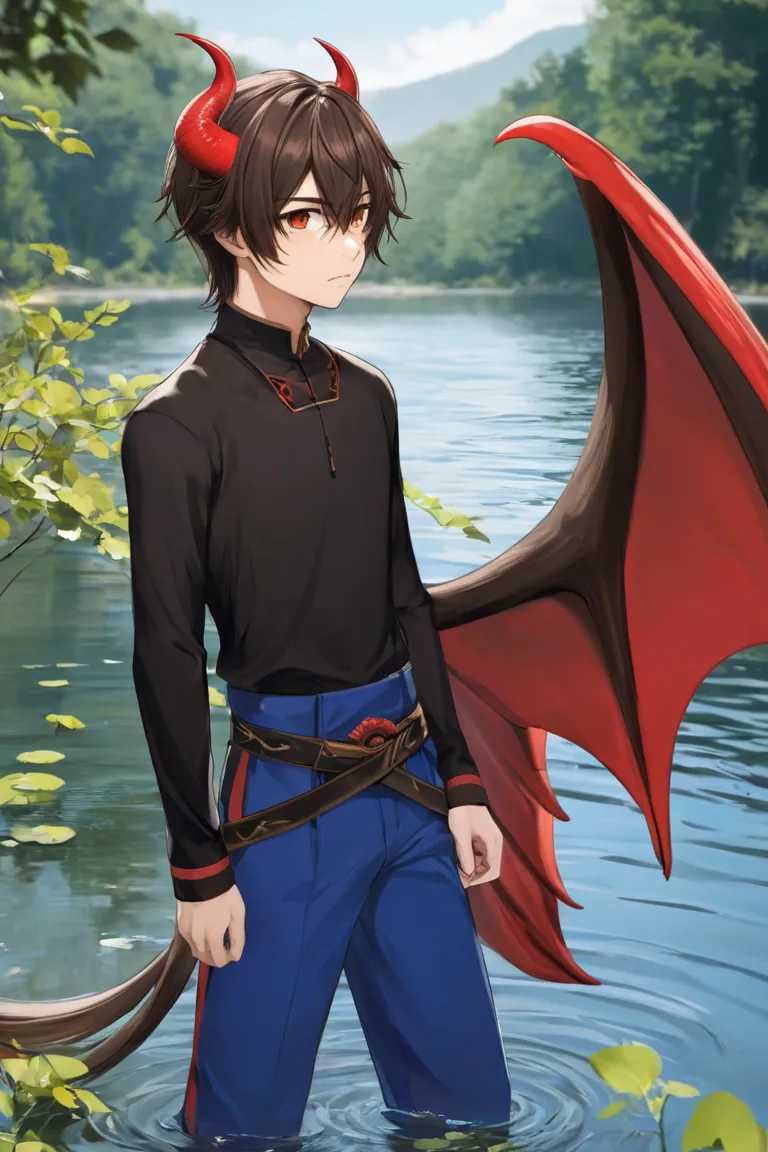 620319897 Anime Boy,  long dark brown hair falls sideways, brown eyes eyebrows, Face that donotes seriousness, Wear a black shirt guard and blue pants, It has black and red wings and demon horns it is floating on a lake