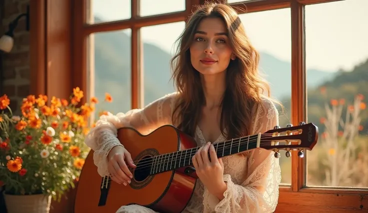 A beautiful young woman of about 27 years old with wavy brown hair and red lips was sitting by a large wooden-framed window, playing a classical acoustic guitar. She was wearing a delicate lace dress with soft, fluttering sleeves. Warm sunlight poured thro...