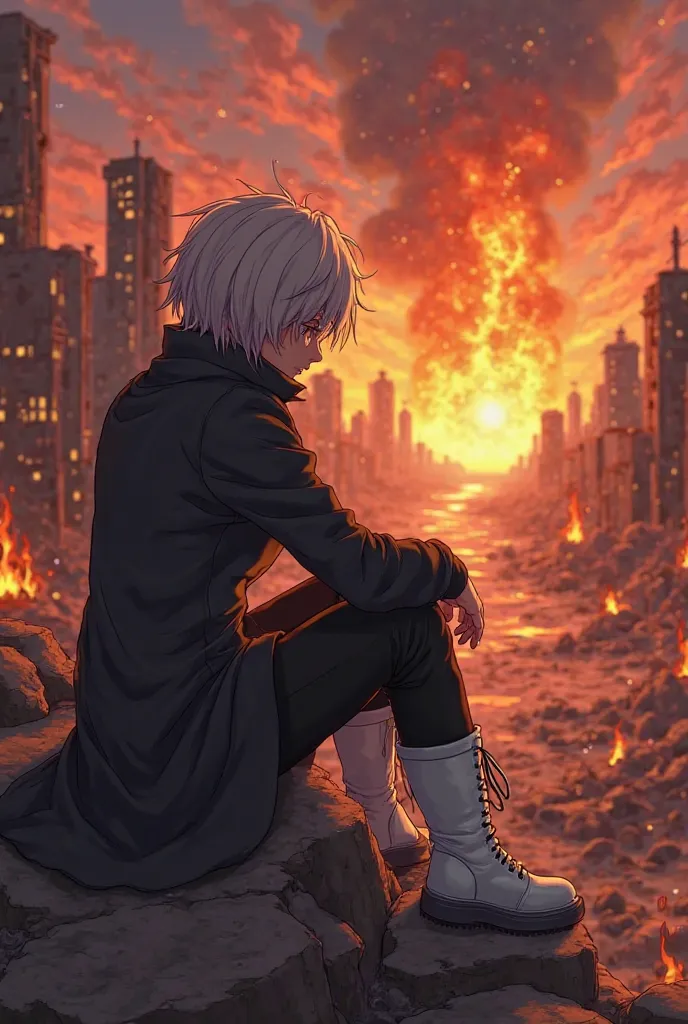 ager measures 1.60 black clothes I wear black white boots solitaire student cold and unfeeling and impathetic short rowdy hair anime dragon ball super in a landscape sitting on fire and destroyed buildings
