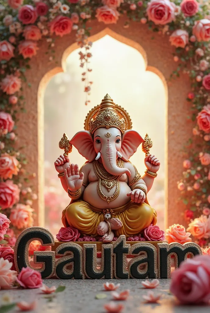 3D image of Lord Ganesha with cute photo in the background and my name "Gautam" written in front of him and lots of flowers and roses above the name and my name should be black