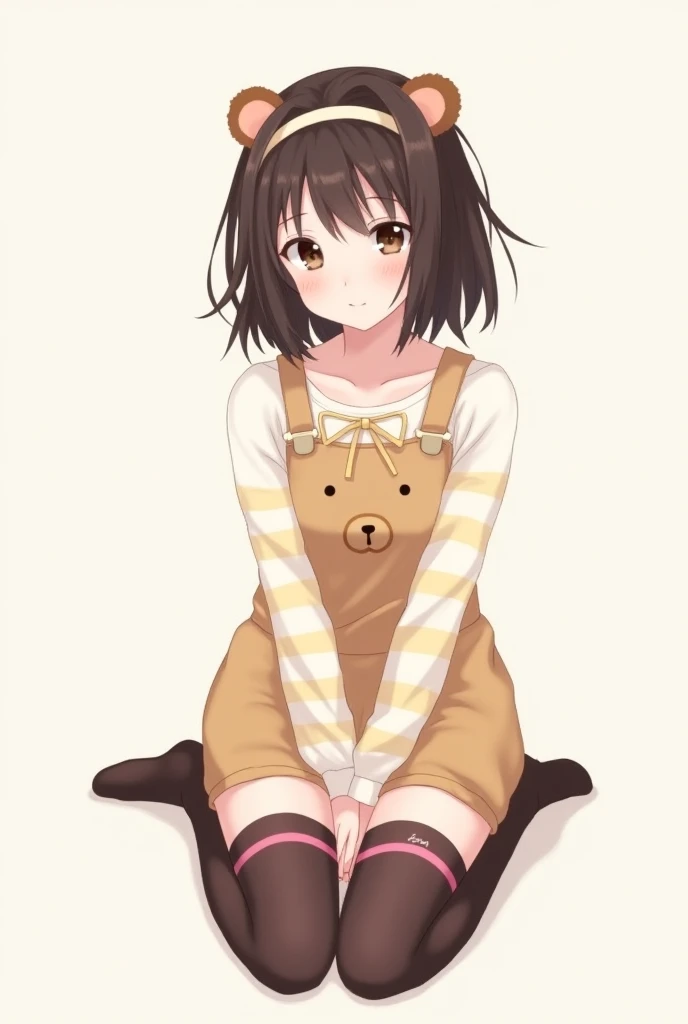 An anime-style girl with waist-length, semi-wavy, dark brown, slightly disheveled hair, wearing a headband made of bear ears, of clothes, a short pastel brown jumpsuit with a teddy bear face on the chest, Below, a long sleeve white blouse with butter-color...