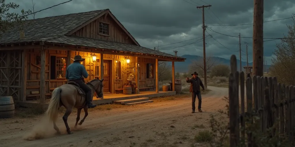 In a wide shot (plano conjunto), outside a rustic and weathered bar, a man on horseback is seen from behind, galloping away in a desperate escape, kicking up dust along the dirt path. Near the entrance of the bar, another man stands with a firm stance, poi...