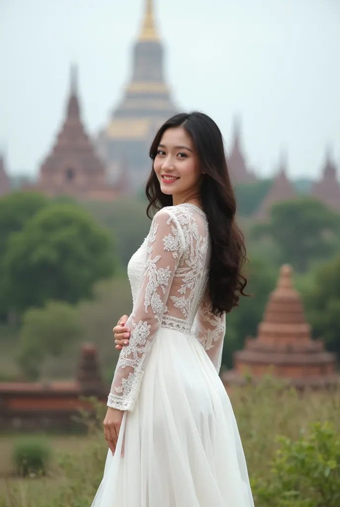 The World Heritage Site of Bagan Pagoda (Ananda Pagoda, Upadanakanda Pagoda, Shwe Saigon Pagoda, Lokananda Pagoda, Dhammarangyi Pagoda) is in the background. A young Burmese woman wearing a long white lace dress poses in various poses.  The best and highes...