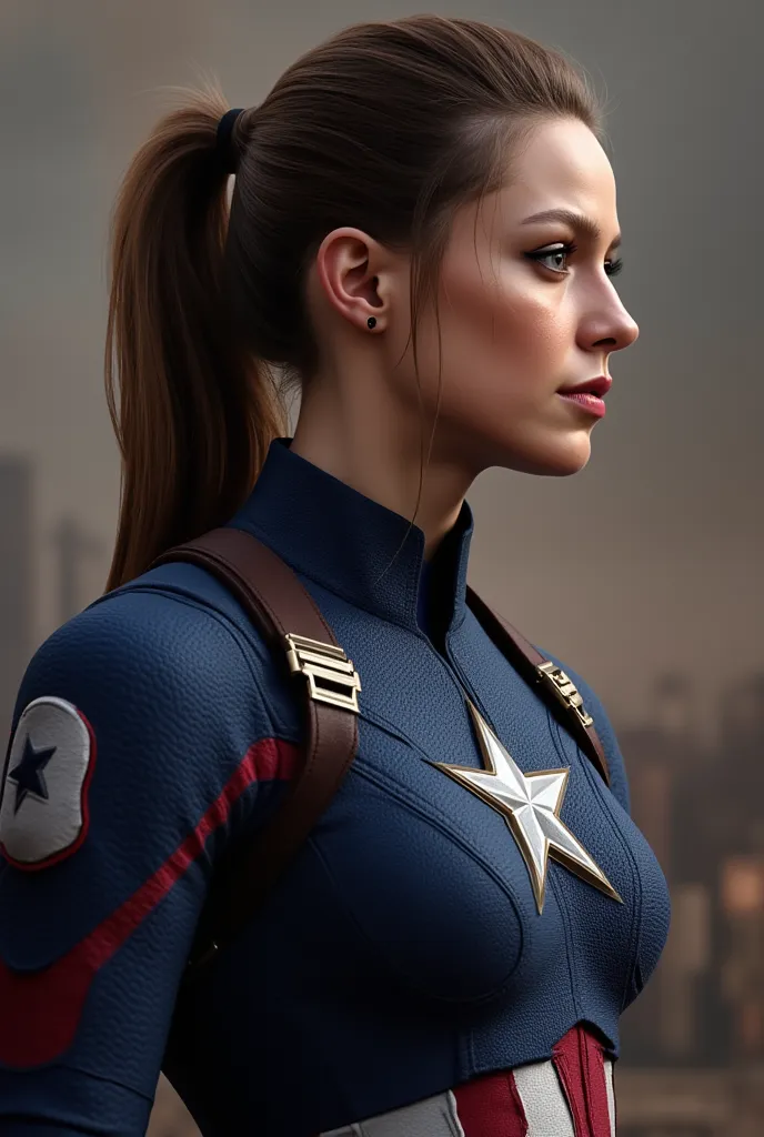 Give me a female version of Captain America in side profile,  from the side
