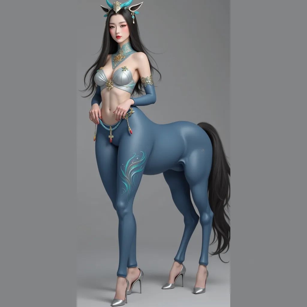 "A majestic fusion of Chinese mythology and centaur fantasy, 
A nine-day fairy with a majestic upper body，A strong silver-white centaur body on the lower half，
The upper body is the solemn Nine Heaven Mystic Goddess, the lower body a muscular silver-white ...