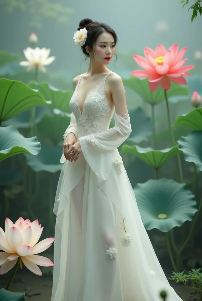 a woman in an elegant, flowing white gown adorned with floral designs. She is standing in a serene environment surrounded by large lotus flowers in various colors, including white and red, along with broad green leaves. The setting resembles a tranquil gar...