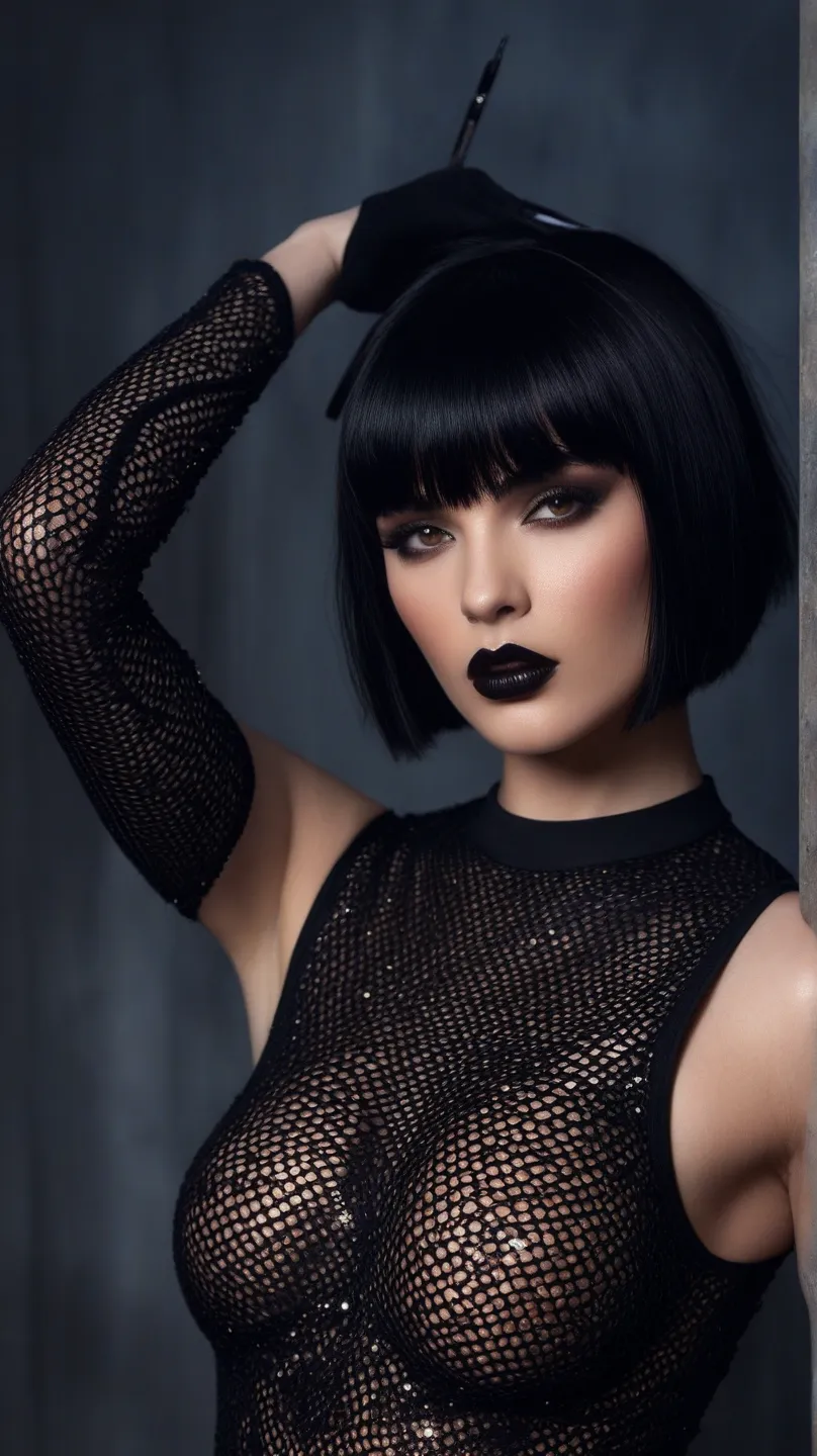 a tall woman with short blacked color hair with bangs, brown eyes, alternative fashion vibe wearing only a crystal net with black lipstick, on a sexy pose, nude but covered with the black crystal net