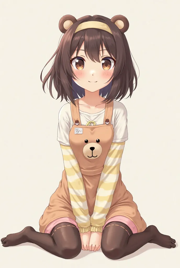 An anime-style girl with waist-length, semi-wavy, dark brown, slightly disheveled hair, wearing a headband made of bear ears, of clothes, a short pastel brown jumpsuit with a teddy bear face on the chest, Below, a long sleeve white blouse with butter-color...