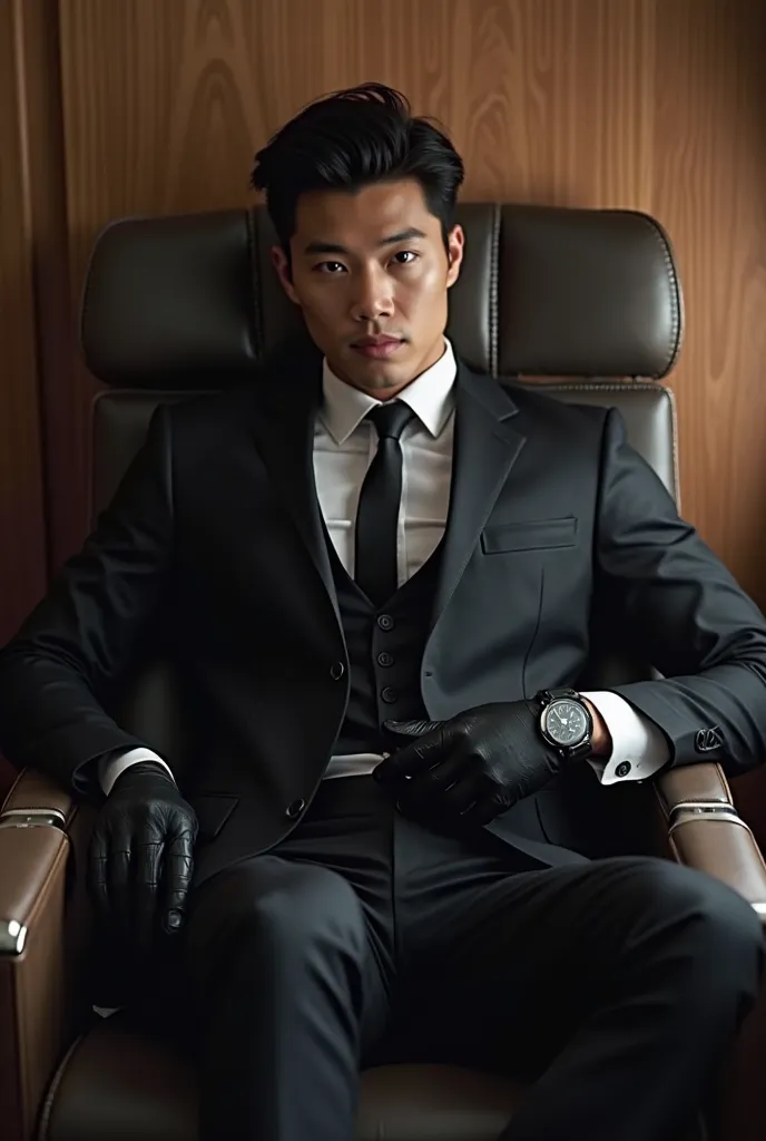 A slim muscular, Full body shot of a handsome K-pop male idol in a black suit and leather gloves. lay down Showing abs in the first class of an airplane.sexy.try to rape.realistic high quality .intricate detail face , ultra high res, uhd