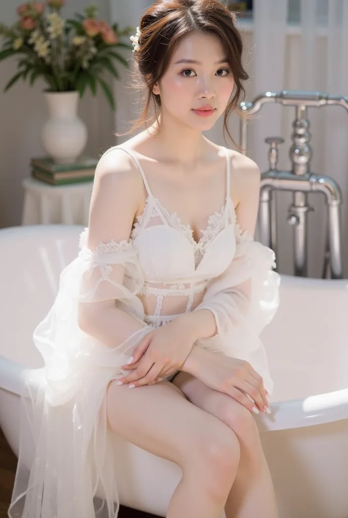 a young woman sitting elegantly on the edge of a white vintage bathtub. She is wearing a delicate white lace outfit with sheer, flowing sleeves, and the fabric drapes gracefully onto the floor. Her hair is styled in a loose, elegant updo adorned with small...