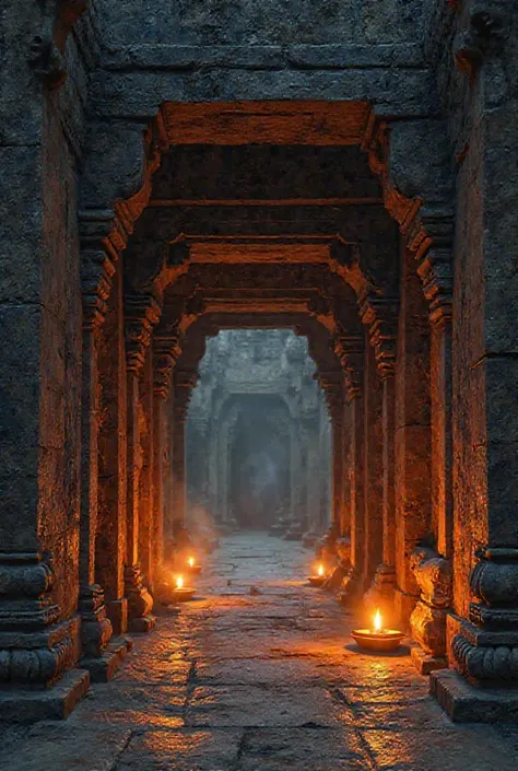 An ancient Indian temple entrance at dusk, dimly lit with oil lamps, a mystical aura in the air, subtle golden mist swirling, intricate stone carvings on weathered walls, a mysterious and spiritual atmosphere, hyper-realistic, UHD.