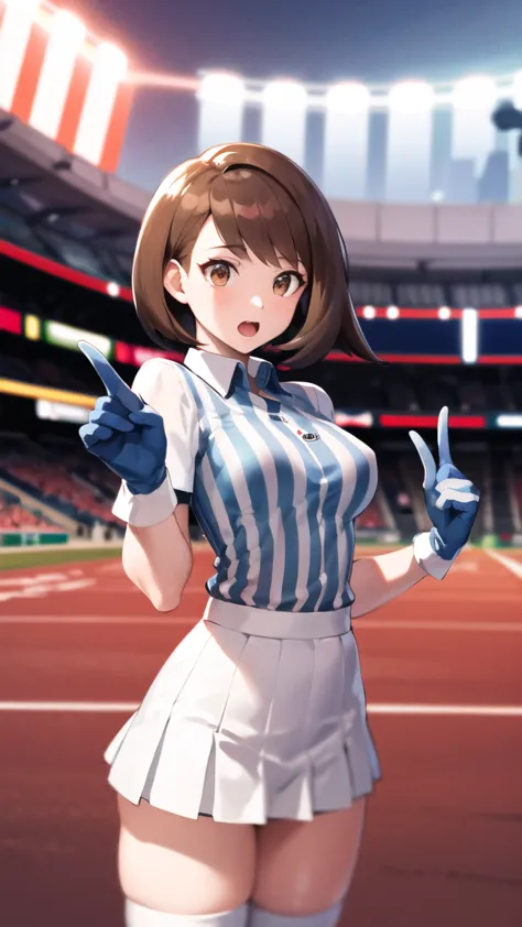 masterpiece, the best quality,  highres, gloria2, 1 girl,  , Alone , Brown Eyes, brown hair, Single glove, gloria \( Pokemon \), blows, collared shirt,  white socks , short white pleated miniskirt, short hair, partially finger-free gloves,  short skirts, p...