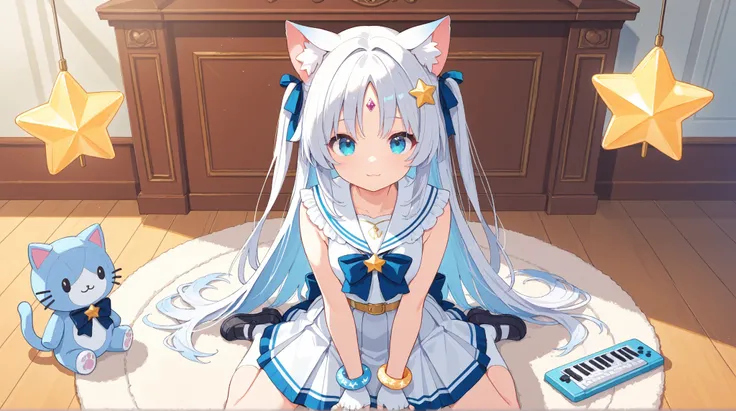 Nekomiya mana Blue-white haired anime girl 
A uniform 
Idol outfit inspired by the classic Japanese sailor school uniform,  with an elegant and vibrant touch . The blouse is sleeveless ,  but retains the characteristic sailor collar with blue and gold deta...