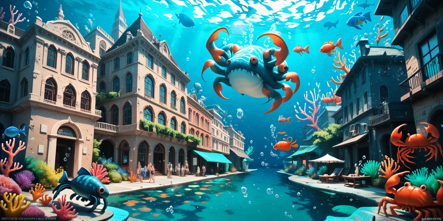 A city under the sea, it has large colorful coral buildings with dome styles, kelps are grown decoratively Eldritch fish women f exquisite beauty drift along the lanes, crabs scavenge n the alleyways
