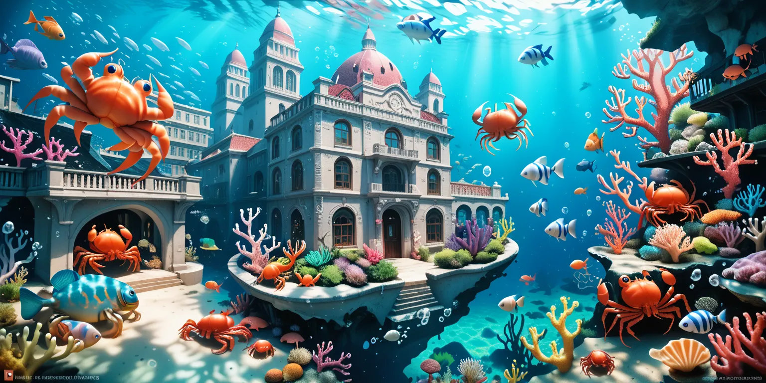 A city under the sea, it has large colorful coral buildings with dome styles, kelps are grown decoratively Eldritch fish women f exquisite beauty drift along the lanes, crabs scavenge n the alleyways
