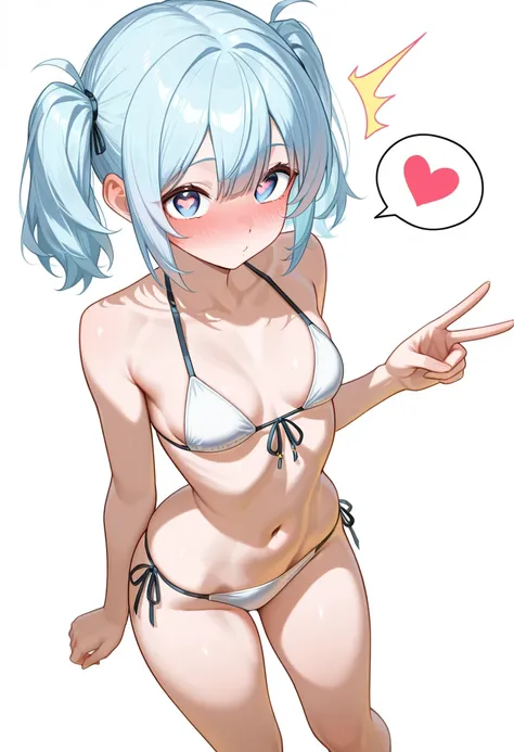 masterpiece, Highest quality, 8k, RAW photo、heart-shaped light in her eyes、small breasts、light blue hair tied at the top、twin tails from above、surprised expression、makes me blush、bangs、 WHITE BACKGROUND 、 the girl has an embarrassed expression、((give a dee...