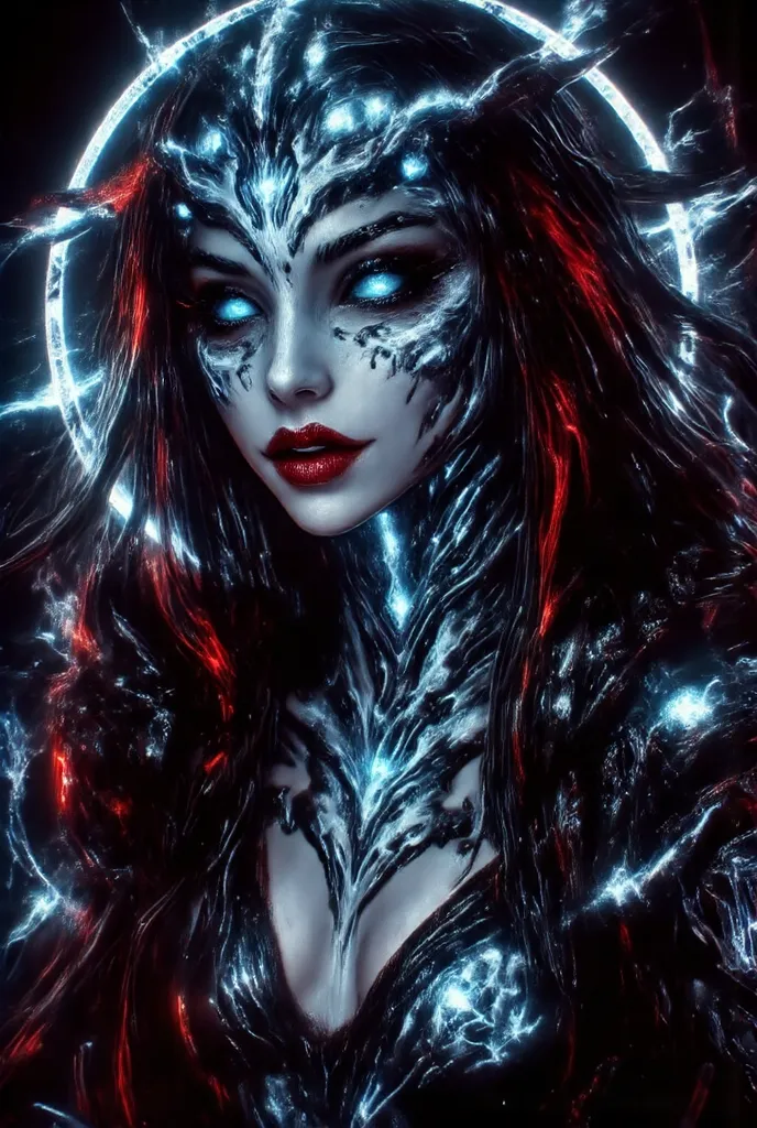 In the darkness, a woman's figure is illuminated by a circular light that frames her head, Hyper photo realistic picture perfect Hr giger tattoos on female model, sexy seductive facial features, hr giger tattooed face, smooth snow white skin, thin curved b...