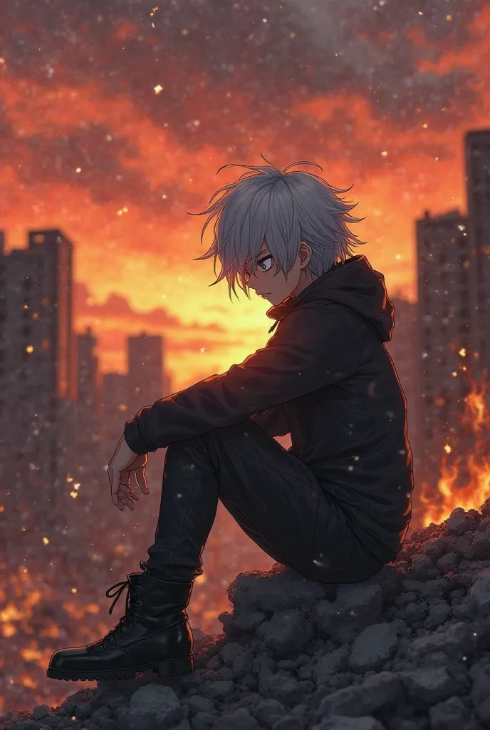 ager measures 1.60 black clothes I use black boots white solitaire student cold and unsentimental and impathetic messy hair short version anime dragon ball super in a landscape sitting in the fire and destroyed buildings 