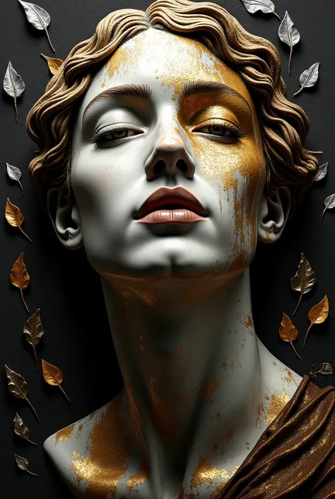 marble portrait sculpture fused with urban graffiti: A classic face in the style of Caravaggio, with dramatic chiaroscuro, covered by abstract spray strokes in gold and silver. Deep black background with details of stylized bay leaves in relief. Hyperreali...