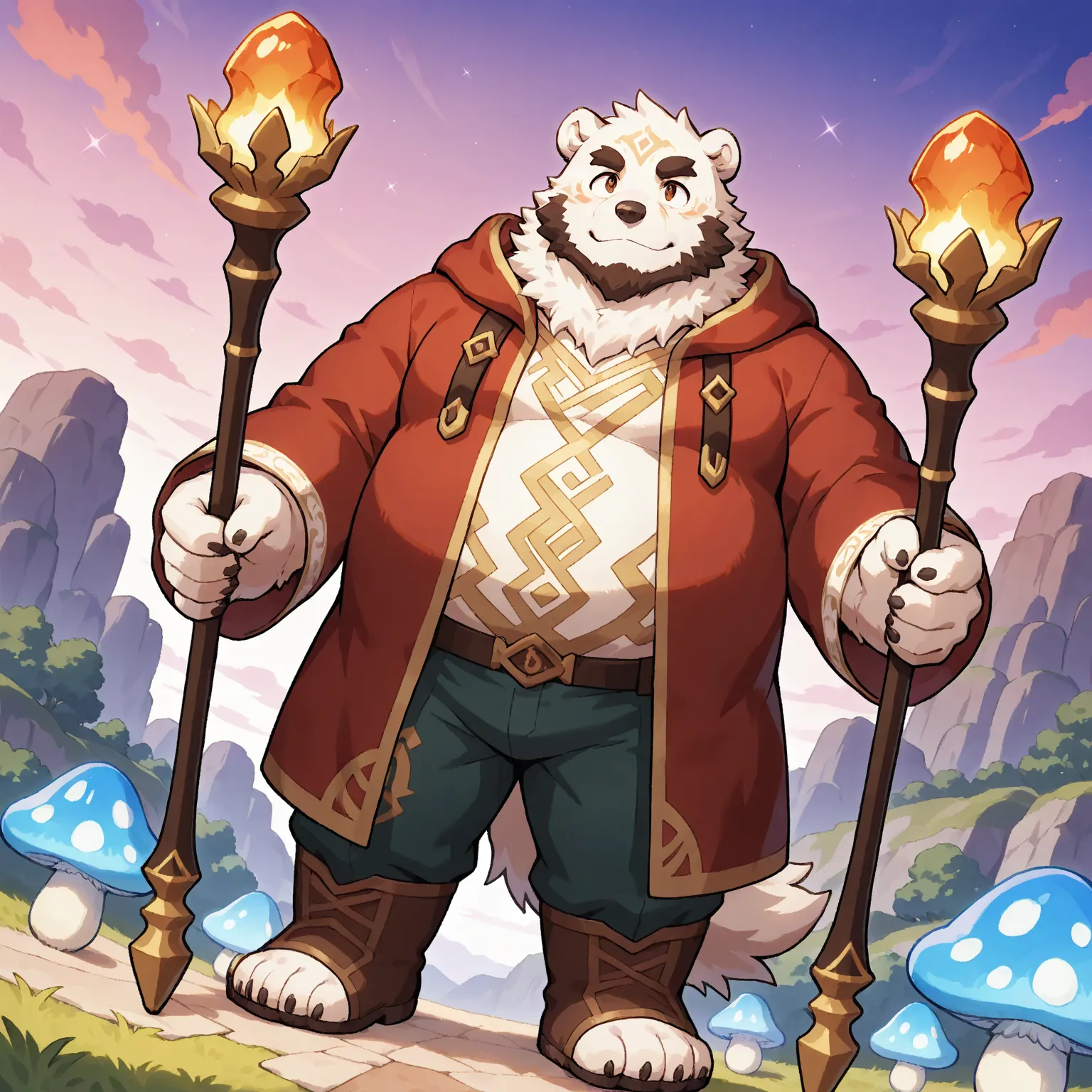 character focus, full body, looking away, dynamic angle, fantasy, musclegut middle-aged magical bear man, little smile, magical costume clothes, magical mushroom stick, magical robe, shirt, pants, boots, BREAK full body in Michelangelo Buonarroti style, pa...