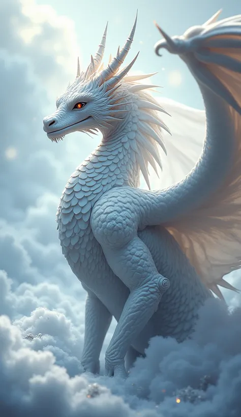 Anthropomorphic snow-white winged dragon anime style