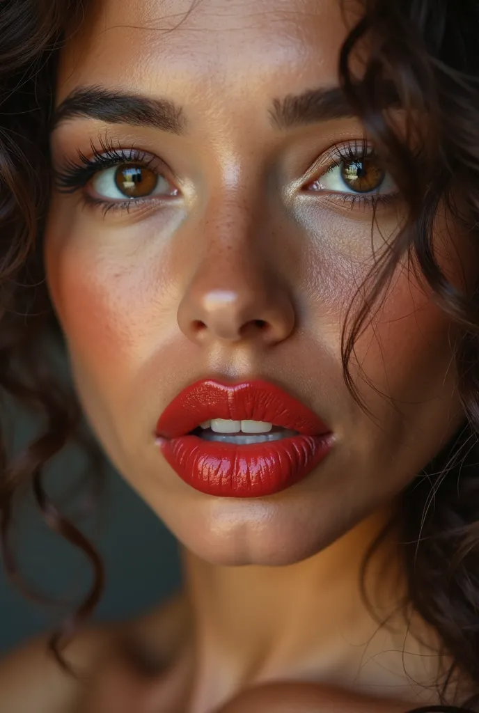 a close up of a woman with a large dille on her face, gorgeous latina face, focus on her face, showing her face, huge juicy lips, big juicy lips, large lips, thick lips, extremely close shot, huge lips, seductively looking in front, big lips, hyperrealisti...