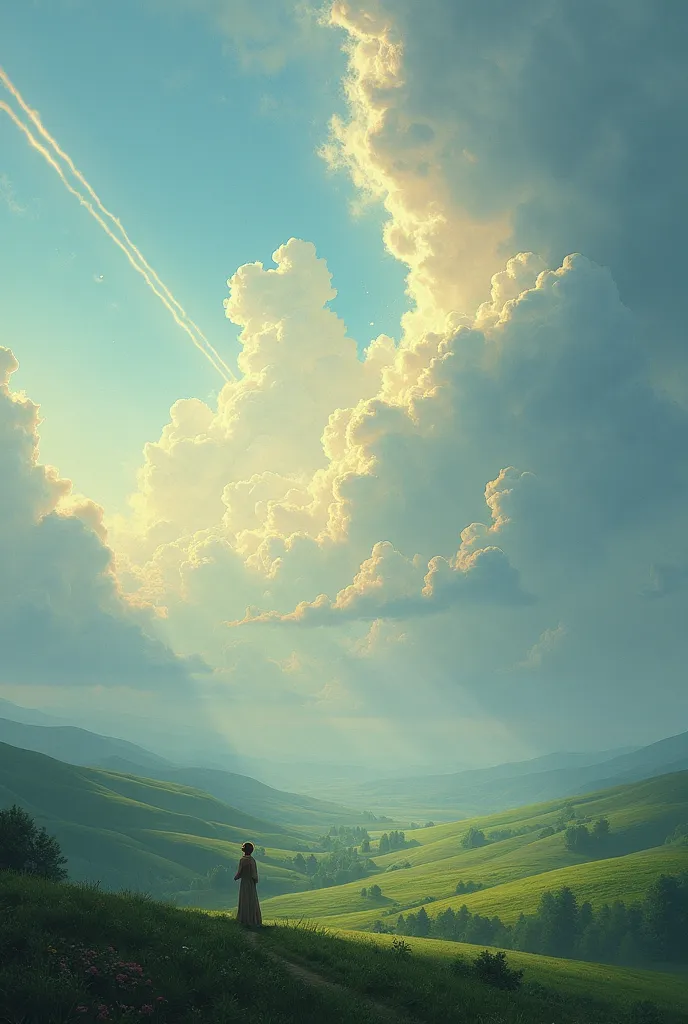  A tranquil landscape, with clouds in the sky that seem to open up, symbolizing something great about to happen.