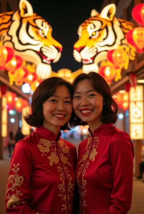 "Two women in their 40s celebrating Chinese New Year at night with a strong Tiger zodiac theme. They are facing the camera with joyful expressions, dressed in elegant red Chinese New Year attire adorned with gold embroidery. The background is illuminated w...