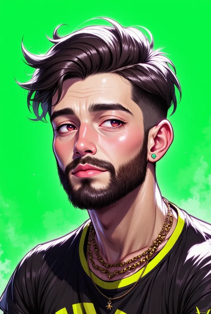 create a realistic style drawing of a young man with a short beard and slightly messy, very short hair combed to the side, a thin face, a soft jaw curve, a thin chin and a slightly large nose, wearing a black t-shirt with yellow neon details. He has neutra...