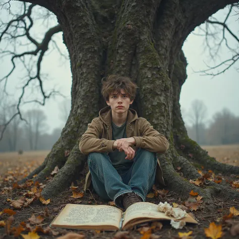 An 18-year-old boy sits alone under an ancient tree in the middle of a quiet, forgotten forest. The tree’s bark is cracked and weathered, its roots twisted and half-buried in fallen leaves. Its branches, mostly bare, hold only a few golden autumn leaves, w...