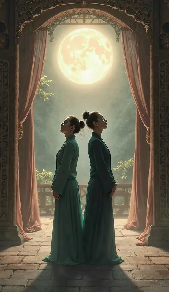 The scene depicts a high hall with a bright, round moon reflecting in a large, ancient bronze mirror. A silhouette of two old lady, back to back standing with head facing up. The atmosphere is solemn and just, with an air of divine justice. The background ...