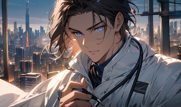 ผู้ชาย casting, color scheme,Blue Eyes, ผมดำ,Yes, white gown,  casting,  high quality,  Details,  short hair , , Guykoen ,  stance ,Put Stethoscope,background as city