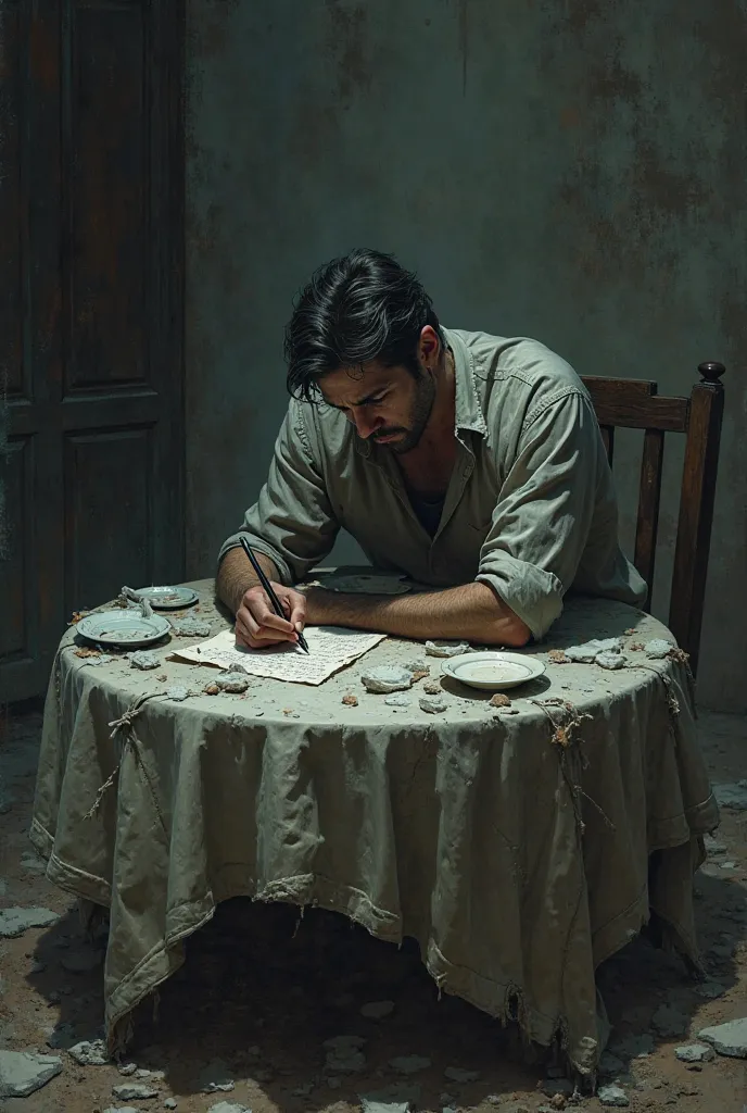 a table with broken plates and a badly placed tablecloth a man sitting writing a letter crying the heavy and gloomy environment 