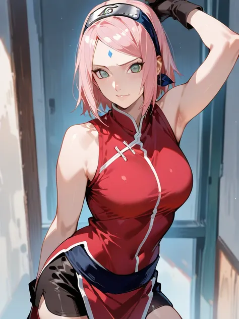 (anime,naruto)"Sakura Haruno, a young girl with short, straight pink hair, with bangs that frame her face. Large, expressive green eyes, fair skin and delicate features. She wears a ninja band on her forehead and wears a sleeveless red qipao with white det...