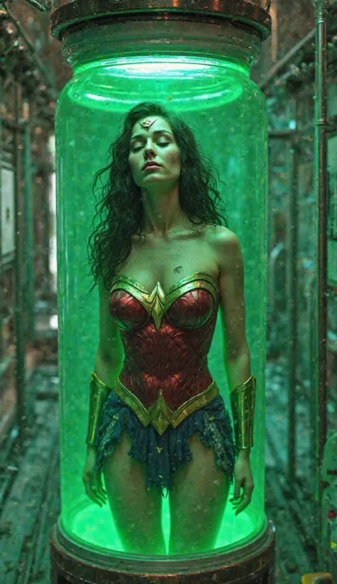 Unconscious Wonder woman inside green colour water glass container, (Her breast are connected with a pumps by tubes), pumping machine  , inside a spaceship 