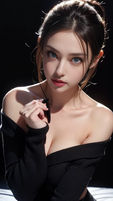 ultra high res, masterpiece, best quality, perfect glossy shiny skins, perfect lighting, detailed lighting, dramatic shadows, ray tracing, black sweater, looking at viewer, off shoulder, Big breasts, Exposed cleavage, blue Eyes, nsfw, ((Dark background)), ...