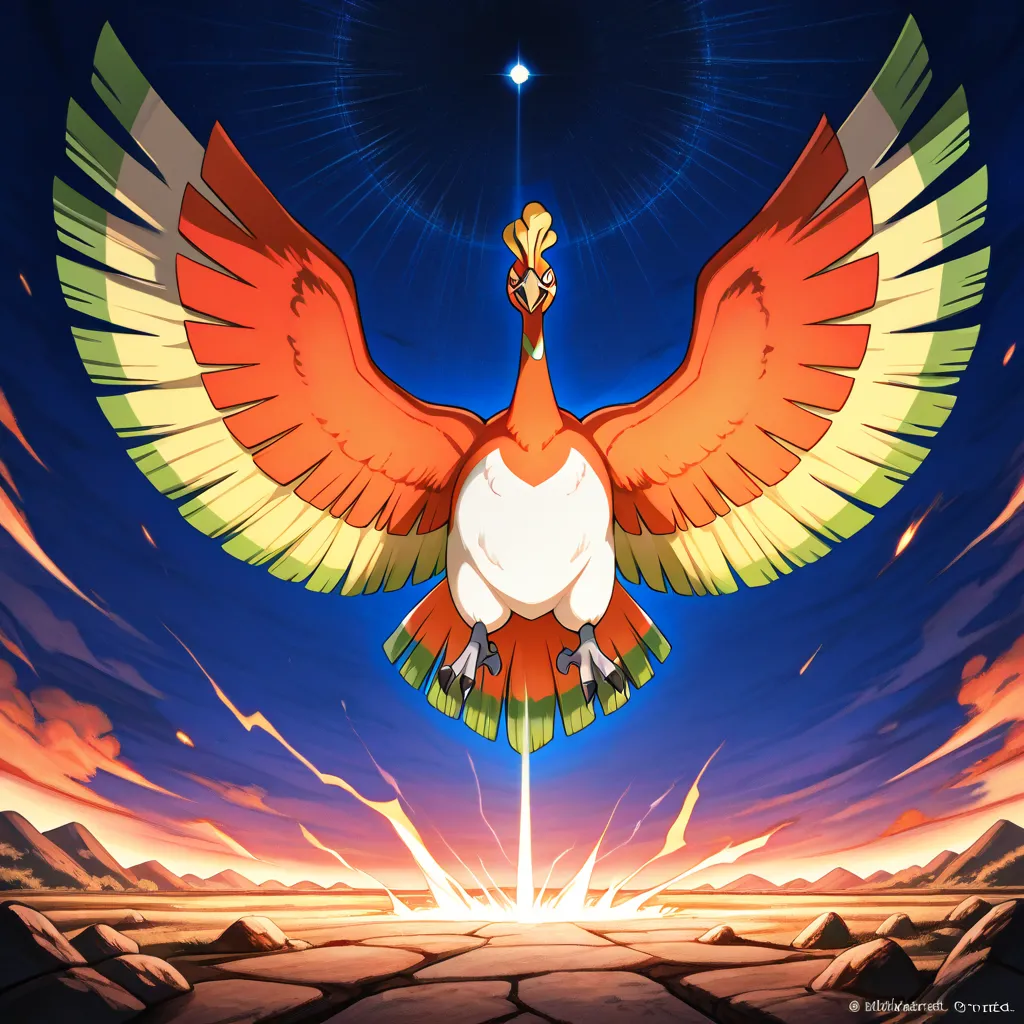 masterpiece, best quality,  Ho-Oh, without humans, Alone, basic,  sky,  sky iluminando, majestic pose