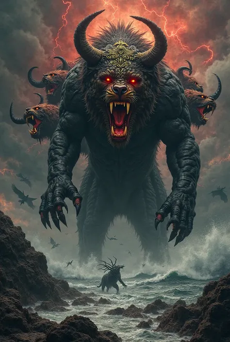 (The Beast rising from the dark sea:1.5), (seven monstrous heads with blasphemous inscriptions:1.4), (one head wounded, bleeding but still alive:1.3), (ten curved horns crowned with golden diadems:1.3), (body like a black-scaled leopard:1.4), (massive bear...