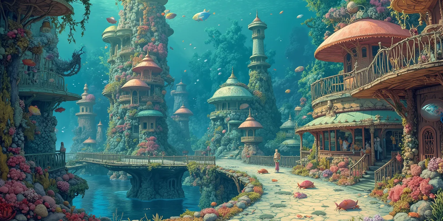 A city under the sea, it has large colorful coral buildings with dome styles, kelps are grown decoratively Eldritch fish women f exquisite beauty drift along the lanes, crabs scavenge n the alleyways
